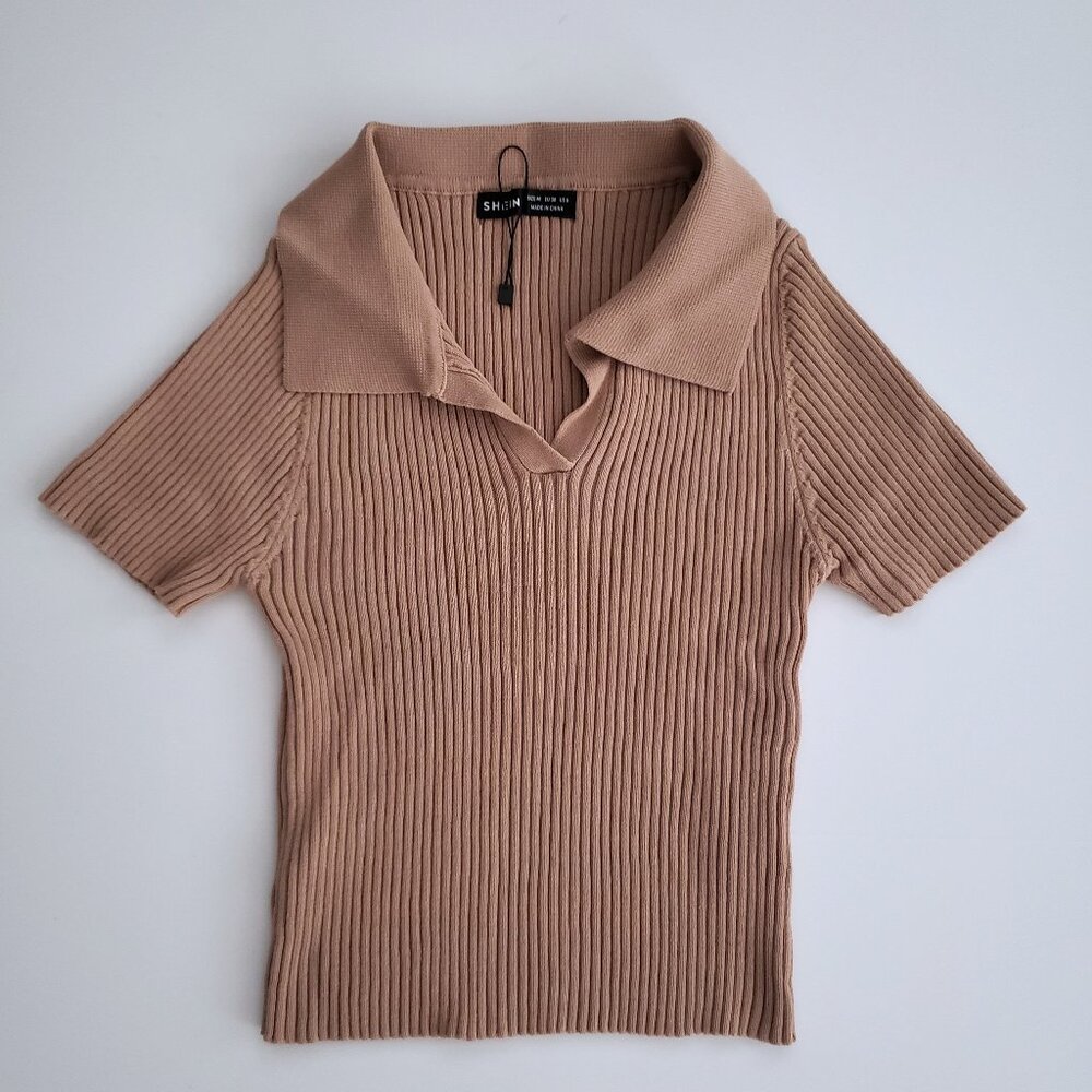 SHEIN BASICS Collared Rib-knit Top